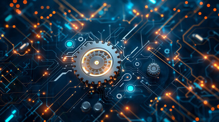 Obraz premium Vector illustration white gear wheel on circuit board, Hi-tech digital technology and engineering, digital telecoms technology concept, Abstract futuristic- technology on blue color background.