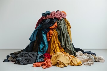 Unorganized pile of colorful clothing on grey floor