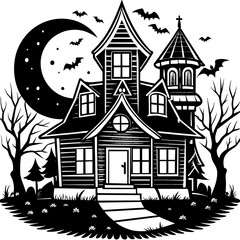 Collection silhouettes of haunted houses vector flat illustration,Halloween scary ghostly monsters house,Cute cartoon spooky characters,Holiday Silhouette,Hand drawn trendy Vector illustration,svg