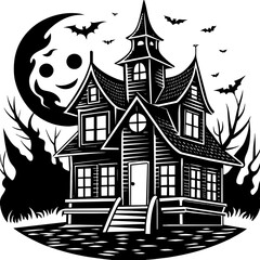 Collection silhouettes of haunted houses vector flat illustration,Halloween scary ghostly monsters house,Cute cartoon spooky characters,Holiday Silhouette,Hand drawn trendy Vector illustration,svg