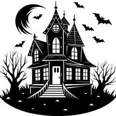 Collection silhouettes of haunted houses vector flat illustration,Halloween scary ghostly monsters house,Cute cartoon spooky characters,Holiday Silhouette,Hand drawn trendy Vector illustration,svg