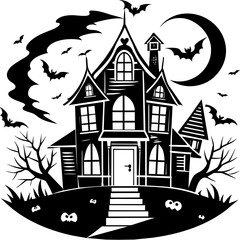 Collection silhouettes of haunted houses vector flat illustration,Halloween scary ghostly monsters house,Cute cartoon spooky characters,Holiday Silhouette,Hand drawn trendy Vector illustration,svg