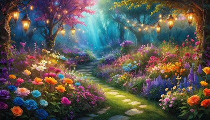 Obraz na płótnie Canvas This image captures an ethereal garden path illuminated by lanterns, with vibrant flowers lining the cobblestone walkway under a mystical twilight canopy.. AI Generation