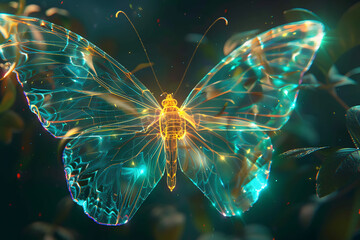 Elegant wireframe butterfly against luminous translucent backdrop, symbolizing beauty and transformation in futuristic visualization - obrazy, fototapety, plakaty