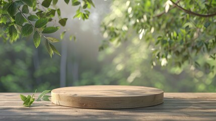 Empty round wooden table with green nature leaf background for Product display concept. 3D mockup