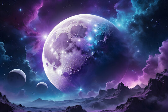 planets and stars of the dark galaxy, amazing space, moon, stardust, another planet, blue purple, universe 