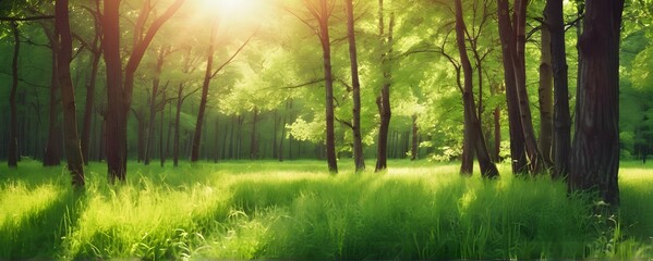 Fototapeta na wymiar Panoramic view of green trees in forest or park with wild grass and sun beams. Beautiful summer spring natural background.