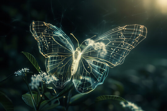 Elegant wireframe butterfly against luminous translucent backdrop, symbolizing beauty and transformation in futuristic visualization