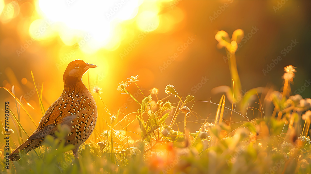 Poster a solitary quail gracefully navigating through a lush meadow, bathed in the golden light of a settin