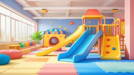 a visually appealing AI depiction of a modern indoor children's playground, featuring a lively...