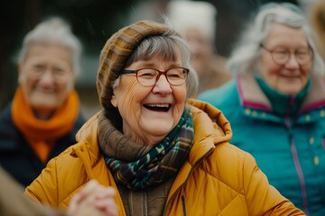 Joyful elder in yellow jacket, laughter amidst friends in park, warmth despite chill, companionship shines. Smiling senior woman with glasses, vivid attire, shares mirth with peers