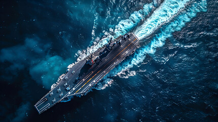 navy nuclear aircraft carrier, navy ship carrier full loading fighter jet aircraft, Aircraft carrier crossing the ocean, Aerial drone, anchored in deep blue open ocean sea, Generative Ai - obrazy, fototapety, plakaty