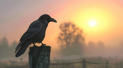 Fototapeta premium A solitary raven poised on a weathered fence post against a soft sunset sky