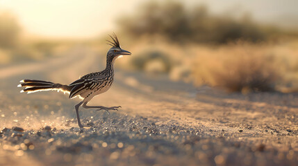 A solitary Roadrunner dashing across a sunlit desert road, with a blurred landscape in the background