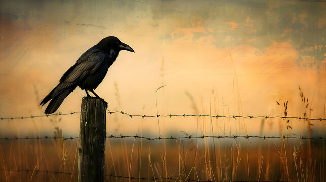 A solitary raven poised on a weathered fence post against a soft sunset sky