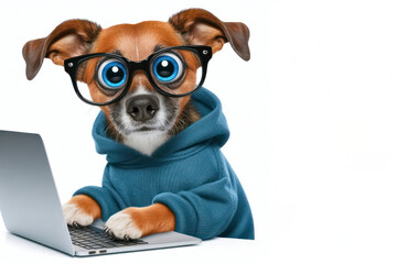 dog programmer with laptop isolated on a white background