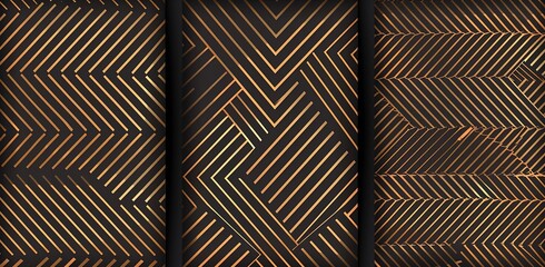 set of three seamless patterns for web design, linear dark brown and golden lines on a black...