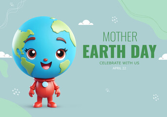 Mother earth day background with 3d rendering happy cartoon planet earth character