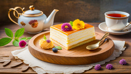 Cake on wooden plate with cup of tea