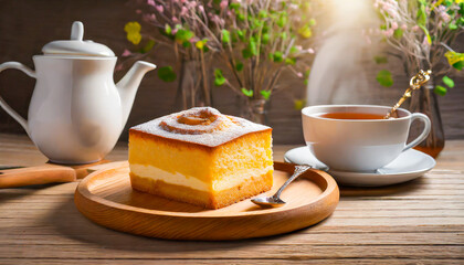 Cake on wooden plate with cup of tea