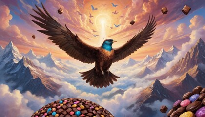 A majestic bird soars high above a colorful mountain made of various candies, under a dreamlike sky.. AI Generation - obrazy, fototapety, plakaty