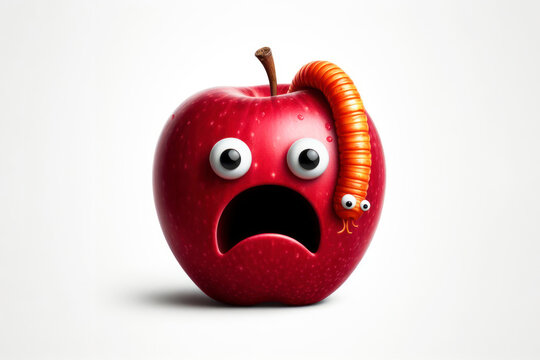 red apple with worm with scared face isolated on a white background