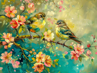 Birds and flowers  oil painting romanticism styule - 777492503