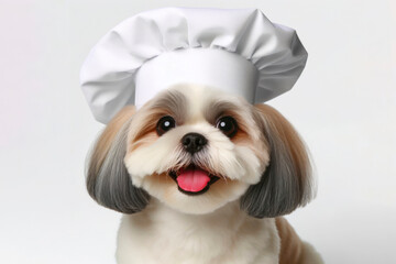 Cute Shih Tzu smiling wearing a white chef's hat isolated on a solid white background - obrazy, fototapety, plakaty