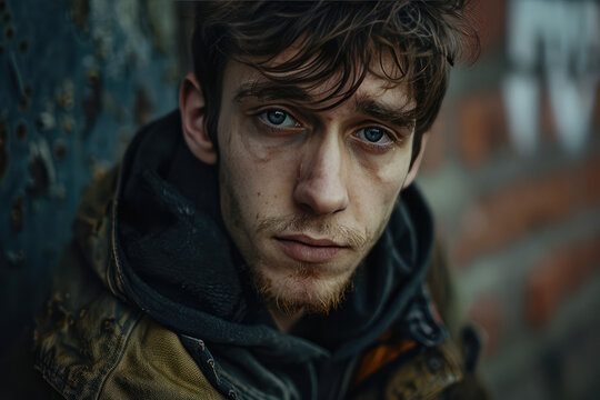 Portrait of a young sad man with drug addict. Social problems, drug and alcohol addiction, negative impact on health.