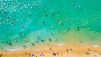 Aerial view of sunny beach scene with crystal clear water and vibrant beachgoers. Top view.