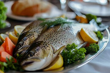 Red trout fish in a dish with seasonings and herbs on the table, healthy sea fish