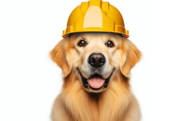 Golden Retriever wearing a yellow construction helmet isolated on a solid white background