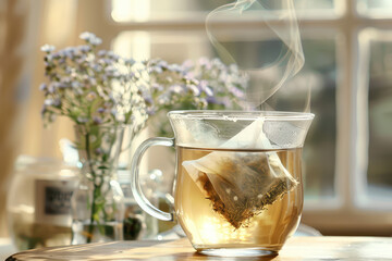 The tea bag of tea is dissolved in hot water in a glass mug. Close-up, copy space, minimal style, minimalism.