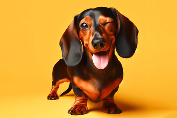 Dachshund Dog winking and sticking out tongue on color bright background - obrazy, fototapety, plakaty