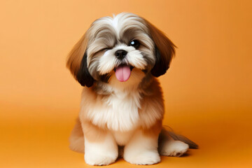 full body Shih Tzu Dog winking and sticking out tongue on solid color bright background - obrazy, fototapety, plakaty