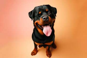 Rottweiler Dog winking and sticking out tongue on solid color bright background - obrazy, fototapety, plakaty
