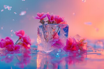 Fresh different flowers in an ice cube on a pink background, frozen flowers