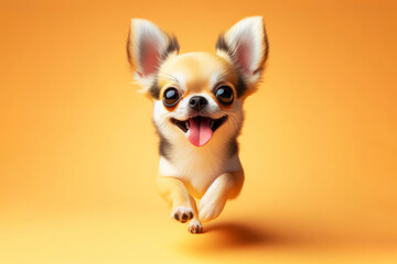 The cute Chihuahua runs with his tongue hanging out and big bulging eyes isolated on a color background