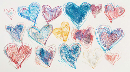 A color pencil drawing of many hearts in various colors and sizes. The drawing is a representation of love and affection