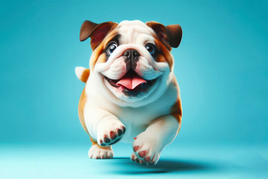 The cute English Bulldog runs with his tongue hanging out and big bulging eyes isolated on a color background