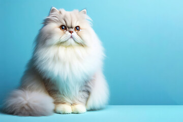 The cute Persian cat elegantly sits with his fluffy fur and expressive eyes, against a color background