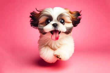 The cute Shih Tzu runs with his tongue hanging out and big bulging eyes isolated on a color background - obrazy, fototapety, plakaty