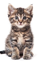 A tabby kitten with piercing blue eyes and a striking striped coat sits attentively