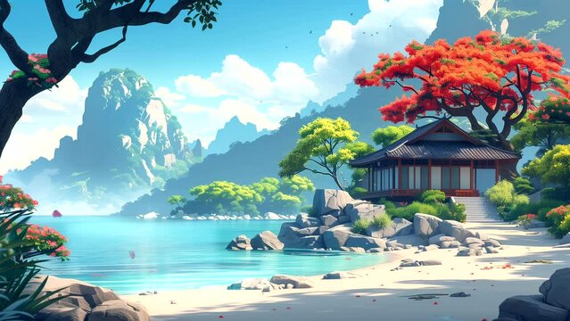 Cozy house in the summer vacation spot like a beach or beautiful lake on the tropical island. seamless looping 4k time-lapse animation video background