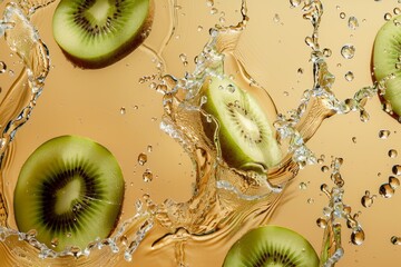 Fresh ripe sliced kiwi slices in splashes of water, healthy fruit