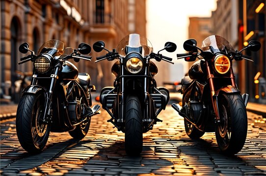 Three classic motorcycles parked in the middle of the street