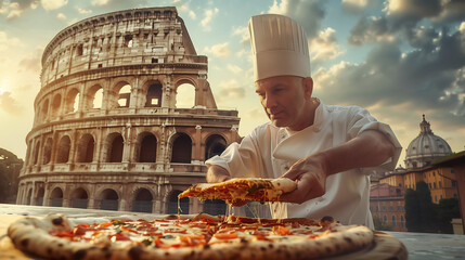Savoring Italy: Pizza Indulgence in the Twilight of Landmarks - obrazy, fototapety, plakaty