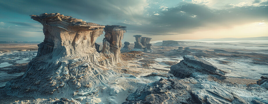 Mystical, alien like panorama of eroded rock formations under a dramatic sky. Ideal for wallpapers or fantasy settings.