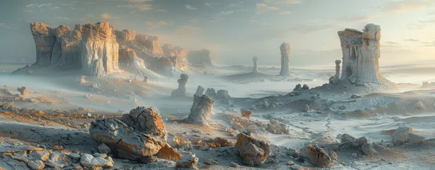 Fototapeten Mystical landscape with towering rock formations amidst a misty, alien terrain under a soft golden light. © Valeriy