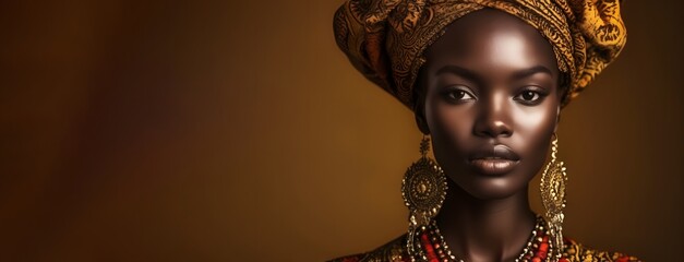 Beautiful portrait of African woman in luxury fashion shot in African wear and jewelry with blank...